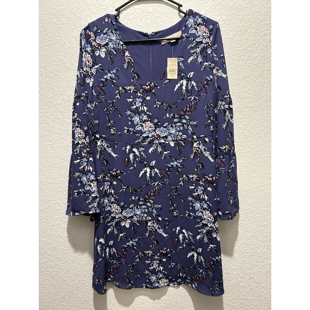 Ann Taylor Loft Purple Frosted Branch Floral V-Neck Bell Sleeve Dress Womens 6P